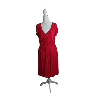 Ann Taylor Loft Women's Red Flutter V-Neck Pleated Silk Elastic Midi Dre…